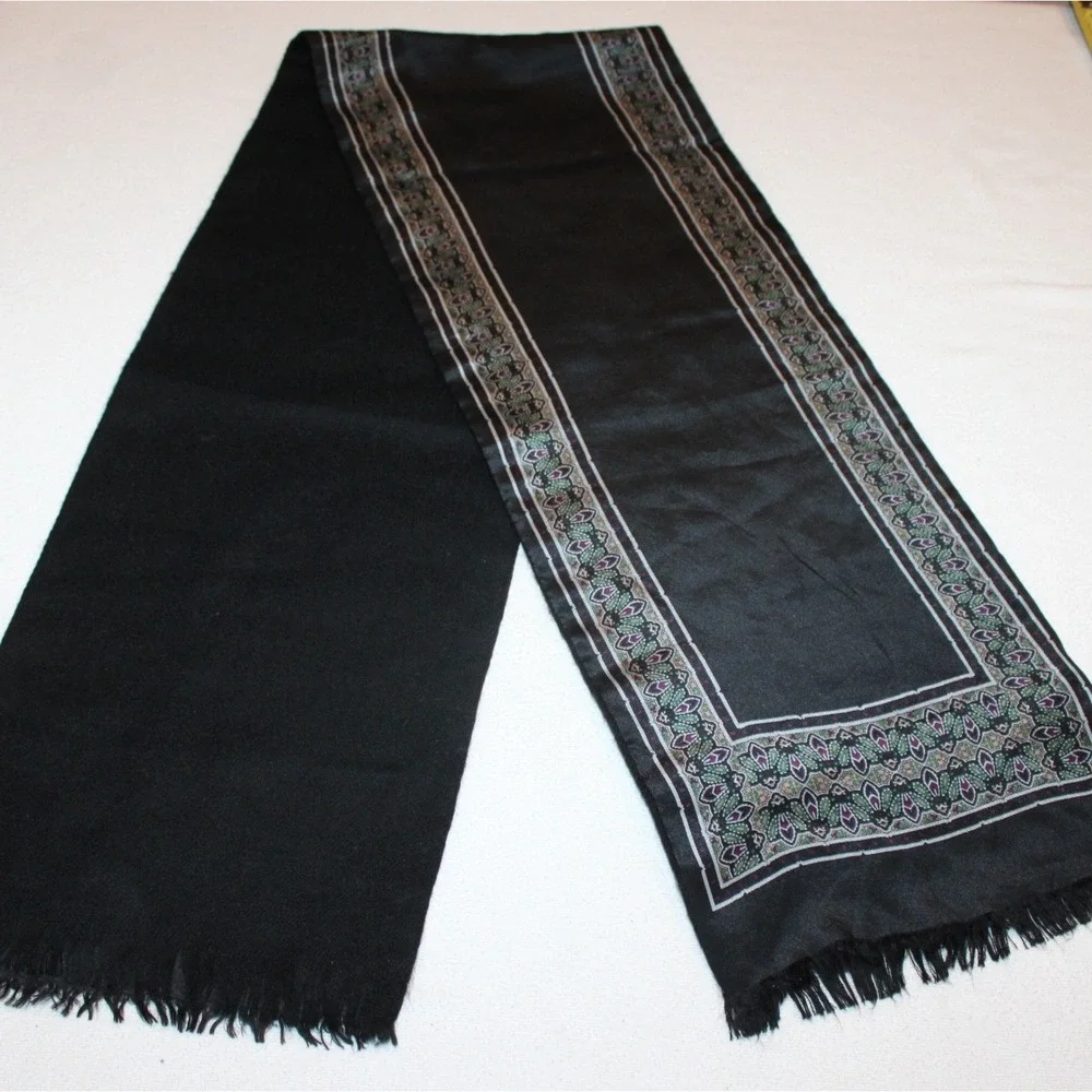 Weavers Workshop black silk scarf with wool lining Japan fringed paisley border